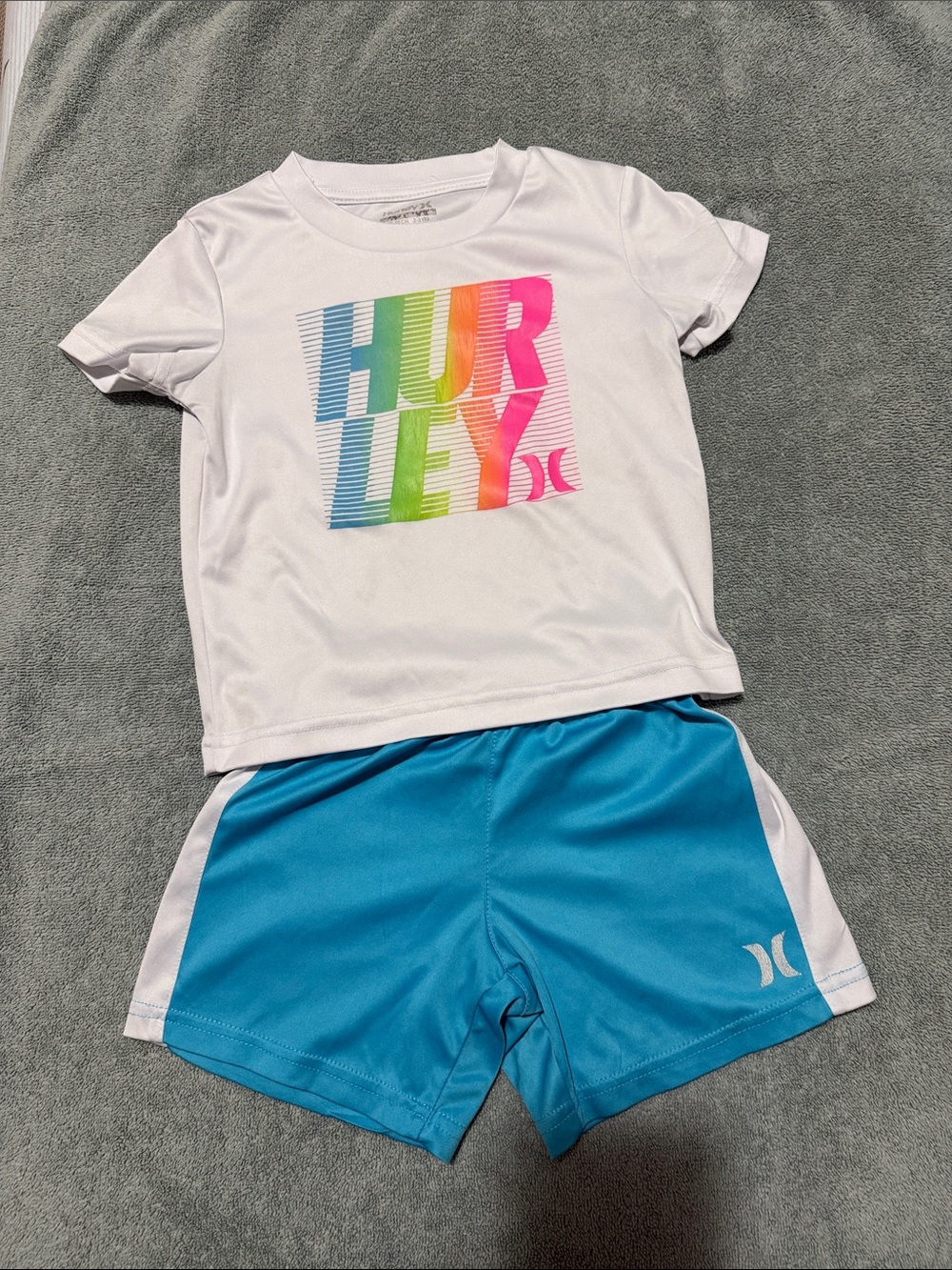 Hurley White Tee with Multicolor Logo & Blue Athletic Shorts